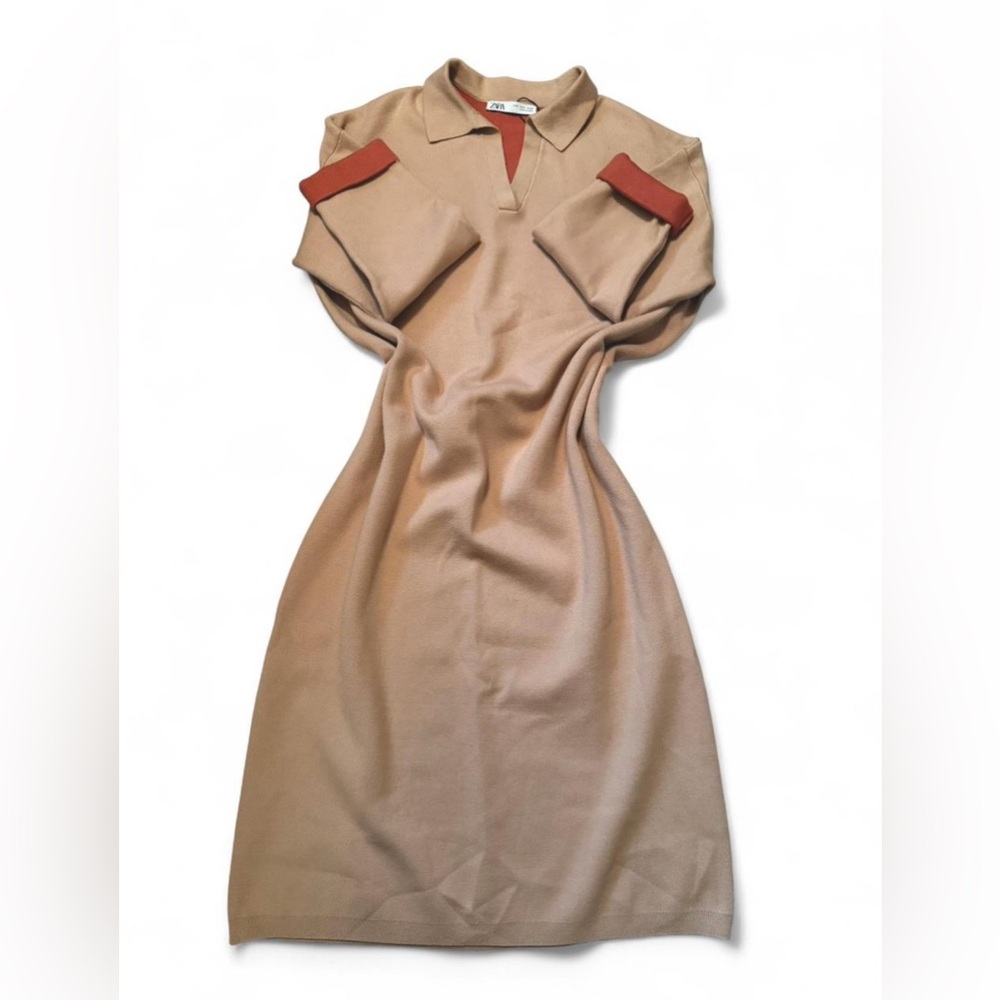 Zara Tan Long Sleeve Dress with Red Details